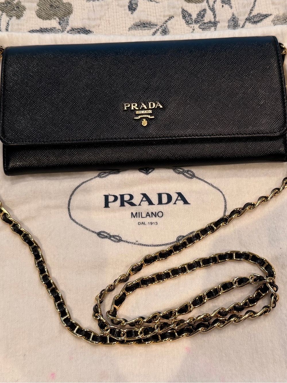 Prada Black Saffiano Leather Crossbody with Gold Chain